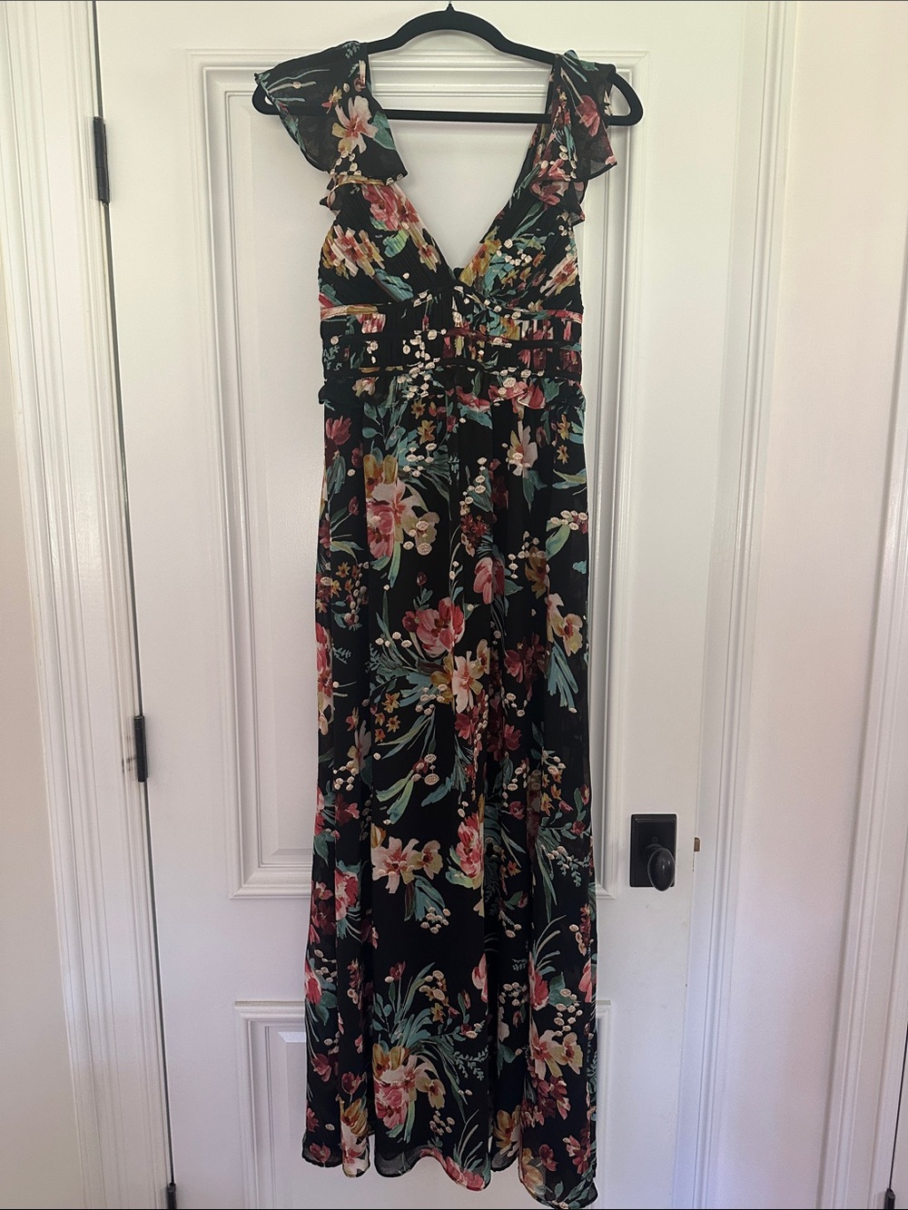Aqua Black Floral Maxi Dress with V-Neck and Ruffle Cap Sleeves